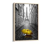 Paris Design Yellow Umbrella Black And White Canvas Floater Frame Print Picture Art - Light Oak Frame 24 inch wide x 36 inch high