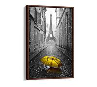 Paris Design Yellow Umbrella Black And White Canvas Floater Frame Print Picture Art - Walnut Frame 16 inch wide x 24 inch high