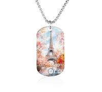 Paris E-iffel Tower Watercolor Personalized Memorial Necklace Printed Metal Pendant Birthday Gifts for Men Women 23.6in(60cm)