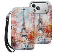 Paris E-iffel Tower Watercolor Printed Leather Flip Wallet Phone Case Card Slots Compatible with iPhone Series 17