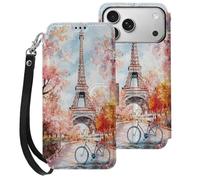 Paris E-iffel Tower Watercolor Printed Leather Flip Wallet Phone Case Card Slots Compatible with iPhone Series 17