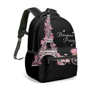 Paris Eiffel Tower Backpack Pink Floral Bicycle Bonjour Print 360 Full Wrap Art Design 16 Inch Travel Rucksack Daypack (01)