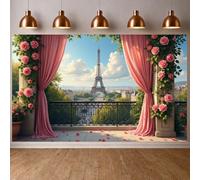 Paris Eiffel Tower Banner Backdrop, France Paris Themed Party Decorations Banner, Parisian Romantic Pink Roses Photography Background for Wedding Birthday Bridal Shower Engagement Photo Booth Props