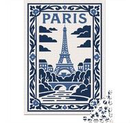 Paris Eiffel Tower Blue Illustration 1000-Piece Jigsaw Puzzle for Adults, 52x38cm/1000pcs, Quiet Home Activity, Evening Leisure And Year-Round Leisure