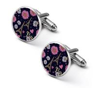Paris Eiffel Tower Daisy Flowers Cufflinks for Men Round Cuff Links Black Tie Clips for Business Wedding Graduation