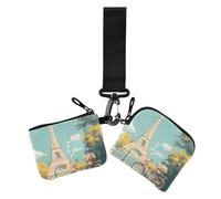 Paris Eiffel Tower Dual Coin Purse Credit Card Holder Wallet Compact Size Change Purse Key Holder with Wristlet Strap for Woman 2 Pcs
