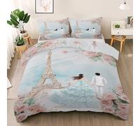 Paris Eiffel Tower Duvet Cover Set Twin Size, Couple Pink Rose Bedding Set, Romantic Paris Comforter Cover with 2 Pillow Shams, Comfy Breathable Lightweight Watercolor Comforter Cover