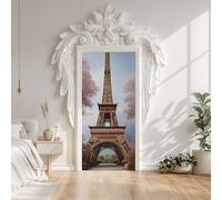 Paris Eiffel Tower European Architecture Door Stickers, Floral Tree Cityscape Door Mural Decals Waterproof PVC Self-Adhesive Sticker Peel and Stick for Bedroom Living Room 88x200 cm
