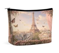 Paris Eiffel Tower Floral Balcony Butterflies Makeup Bag, Travel Toiletry Organizer, Cosmetic Pouch for Women, Birthday Presents for Mom Girls Women Sisters