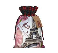 Paris Eiffel Tower Flower Christmas Drawstring Linen Gift Bag Paired With Scottish Plaid Fabric, With A Delicate And Simple Texture