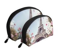 Paris Eiffel Tower Flower Portable Shell Cosmetic Bag Set - Travel Makeup Organiser with Zipper & Inner Compartments