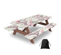 Paris Eiffel Tower Flower Print 3 Pack Wipeable Picnic Bench Cover And Table Cover Lightweight Table Cloth For Camping Outdoor