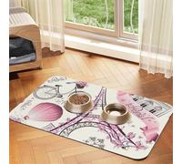 Paris Eiffel Tower Flower print PU Leather Feeding Mat for Dogs Cats Pet Food Mat Absorbent Non-Slip Rubber Bottom