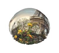 Paris Eiffel Tower Flower Print Shower Cap for Women Men, Reusable Double-Layer Fabric Bathing Cap Girls Hair Caps, 29 CM