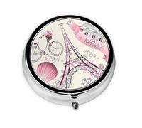 Paris Eiffel Tower Flower Printed Round Travel Pill Box Cute Small Metal Pocket Pill Case for Men & Women 3 Compartment Portable Pill Organizer for Purse or Pocket