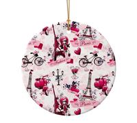 Paris Eiffel Tower France Christmas Tree Ceramic Ornaments Pendants, 7.3cm Round Xmas Ornaments for Novel 1 Piece