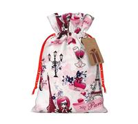 (Paris Eiffel Tower France) Print Christmas New Year Candy Gift Bag, Red Xmas Ribbon Drawstring Bags for Kids Xmas Holiday Eve Presents M Size