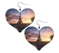 Paris Eiffel Tower France Prints Leather Heart earrings Pendant Stylish and light Lightweight Dangle for Women Girls, One Size, Leather, No Gemstone