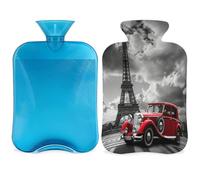 Paris Eiffel Tower Hot Water Bottle with Cover, Red Old Car 2L Hot Water Bag for Pain Relief, Neck Soft and Shoulder, Hand Feet Warmer, Hot and Cold Compress for Adult Kids