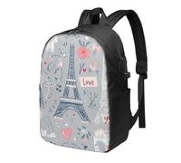 Paris Eiffel Tower Laptop Backpack Romantic City Travel Backpack 17inch Water Resistant Carry on Rucksack with USB Charging Port College Bookbag School Work Bag for Women Men