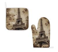 Paris Eiffel Tower Oven Mitts & Pot Holders Set - 2 Pcs Heat Resistant Oven Gloves with Hanging Loop, Kitchen Potholder for Cooking, Baking, BBQ, Microwave