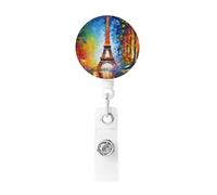 Paris Eiffel Tower Painting Badge Reel Retractable Clip Work Badge Holder Lightweight Plastic Name Card Holder ID Badge Clip for Nurses Office Gifts