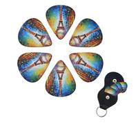 paris eiffel tower painting Guitar Picks 6 Pack, 0.96mm Thickness Celluloid Bass Pick with Leather Guitar Pick Holder Keychain Abstract Art Pics Plectrum for Acoustic Electric Guitar, Ukulele, Bass