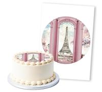 Paris Eiffel Tower Pink Archway View, 1 Icing Sheet 8" Round Cake Topper