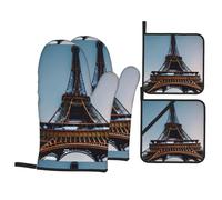 Paris Eiffel Tower Print 4-Piece Oven Mitts And Pot Holders Set, Baking Gloves With Hanging Loop For Kitchen & Bbq