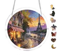 Paris Eiffel Tower River Cafe Scenery Round Acrylic Puzzle 7.8x7.8Inch Hanging Wall Decor Suncatcher, Urban Landscape Home Art Gift