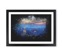Paris Eiffel Tower Skyline at Dusk Paint Splash Framed Print | A2 Black Framed Wall Art | Ready to Hang | Modern Cityscape Picture | Living Room Bedroom Lounge Office