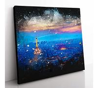 Paris Eiffel Tower Skyline at Dusk Paint Splash Modern Canvas Wall Art Print Ready to Hang, Framed Picture for Living Room Bedroom Home Office Décor, 35x35 cm (14x14 Inch)