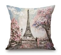 Paris Eiffel Tower Throw Pillow Cover Patio Furniture Romantic Lover Pink Flower Decorative Cushion Cases Home Décor for Couch Bed Sofa 18x18 Inch