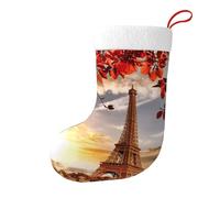 Paris Eiffel Tower with Autumn Leaves Christmas Stocking 17.7", Festive Hanging Sock for Fireplace Mantel, Holiday Decorations