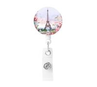 Paris Eiffel Tower with Flowers Badge Reel Retractable Clip Work Badge Holder Lightweight Plastic Name Card Holder ID Badge Clip for Nurses Office Gifts