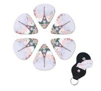 paris eiffel tower with flowers Guitar Picks 6 Pack, 0.71mm Thickness Celluloid Bass Pick with Leather Guitar Pick Holder Keychain Abstract Art Pics Plectrum for Acoustic Electric Guitar