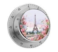 Paris Eiffel Tower with Flowers Mechanical Kitchen Timer Digital Timer with Magnetic Base 60-Minute Visual Countdown Stainless Steel Timers for Cooking, Baking, Eggs & Classroom Use, Loud Alarm