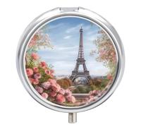 Paris Eiffel Tower with Flowers Pill Box 3 Compartment Waterproof Pill Case with Mirror Round Container Metal Medicine Box Organizer Portable Vitamin Case for Pocket & Purse Travel