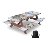 Paris Eiffel Tower With Flowers Print 3 Pack Wipeable Picnic Bench Cover And Table Cover Lightweight Table Cloth For Camping Outdoor
