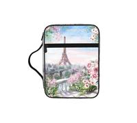 Paris Eiffel Tower with Flowers Print Large Bible Cover Case for Women,Bible Bag Bible Storage Bags with Zipper Pocket and Handle