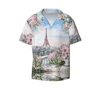 Paris Eiffel Tower with Flowers Print Mens Shirts Short Sleeve Casual,Summer Stretch Dress Shirt,Beach Summer Wedding Shirt Black