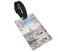 Paris Eiffel Tower with Flowers Printed Luggage Tags with Wrist Strap,Name Id Label for Suitcase,Airplane Travel Essentials