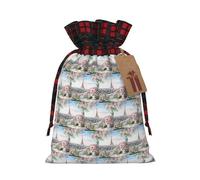 Paris Eiffel Tower With Flowers Printing Color Matching Plaid Drawstring Christmas Bag With Kraft Tag 4.7x6.9 In For Halloween