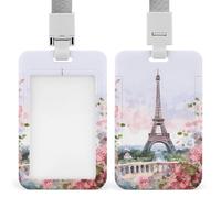 Paris Eiffel Tower with Flowers Retractable ID Badge Holder with Lanyard Vertical Badge Reel Keychain Clip Name Tag Id Card Holder Protector for Nurse Officer Teacher Security Staff Women Men