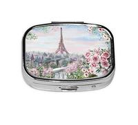 (Paris Eiffel Tower with Flowers) Square Pill Box with 2 Compartment Small Pill Organizer Portable Pill Case Vitamin Containers, Travel Essentials 5.5x4x1.8 cm