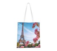 Paris Eiffel Tower With Flowers Tote Bag For Women,Canvas Shoulder Bags With Pockets Shopping Bag Cute Reusable Grocery Bags