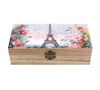 Paris Eiffel Tower with Flowers Wooden Storage Box Elegant Retro Jewelry Box with Hinged Lid Decorative Keepsake Boxes Decor Handmade Organizer Boxes for Wedding, Party, Gift, Diy Craft, Home Decor