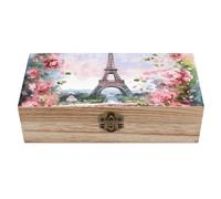 Paris Eiffel Tower with Flowers Wooden Storage Box Elegant Retro Jewelry Box with Hinged Lid Decorative Keepsake Boxes Decor Handmade Organizer Boxes for Wedding, Party, Gift, Diy Craft, Home Decor