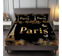 Paris Fitted Sheet Single Bed Romantic Black Gold 3D Fitted Sheets Deep Pocket 12 inch 30 cm Bottom Sheet Ultra Soft Microfibre Bedding Set with 2 Pillowcases a/2905