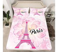 Paris Fitted Sheet Single Size, Pink Floral Eiffel Tower Bed Cover with 1 Pillowcase, Watercolor Flower Bedding Set 2pcs for Kids Boys Girls Room Decor, Soft Polyester Bedding
